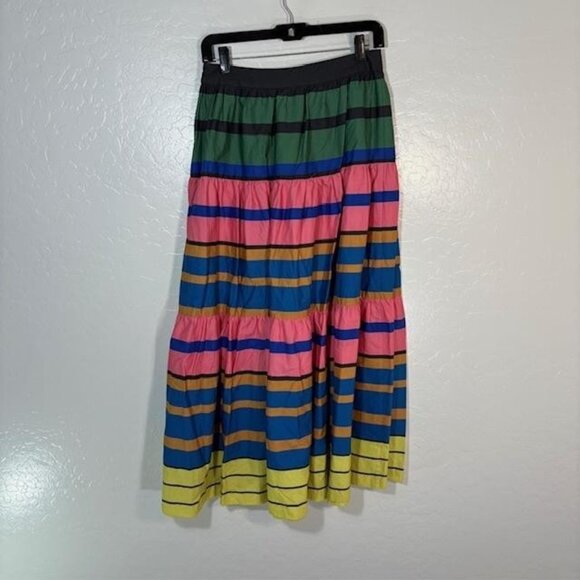 STAUD Skirt Womens 6 Multicolor Rainbow Stripe Tiered Cotton Midi A-Line Boho - Picture 3 of 7
